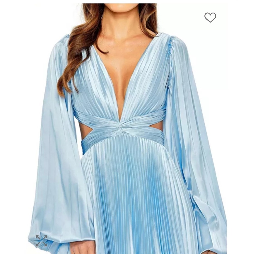 Mac Duggal Pleated Cutout Maxi Dress Light Blue Bell Sleeve Gown 55198 Size 2
